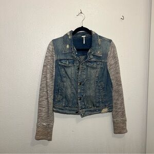 Free People Blue Jean Jacket with Gray Sleeves